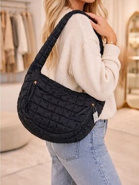 NWT Black Quilted Puffer Shoulder Bag Lightweight Nylon Tote
